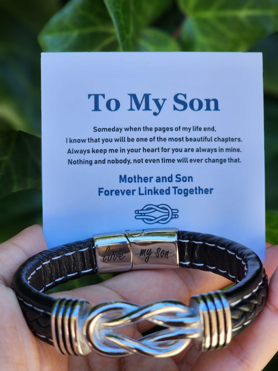 “Mother and Son Forever Linked Together" Braided Engraved Leather Bracelet